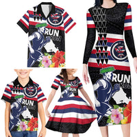 Honolulu Running Race Family Matching Long Sleeve Bodycon Dress and Hawaiian Shirt Hawaii Marathon Kakau Art with Hibiscus and National Flag Style
