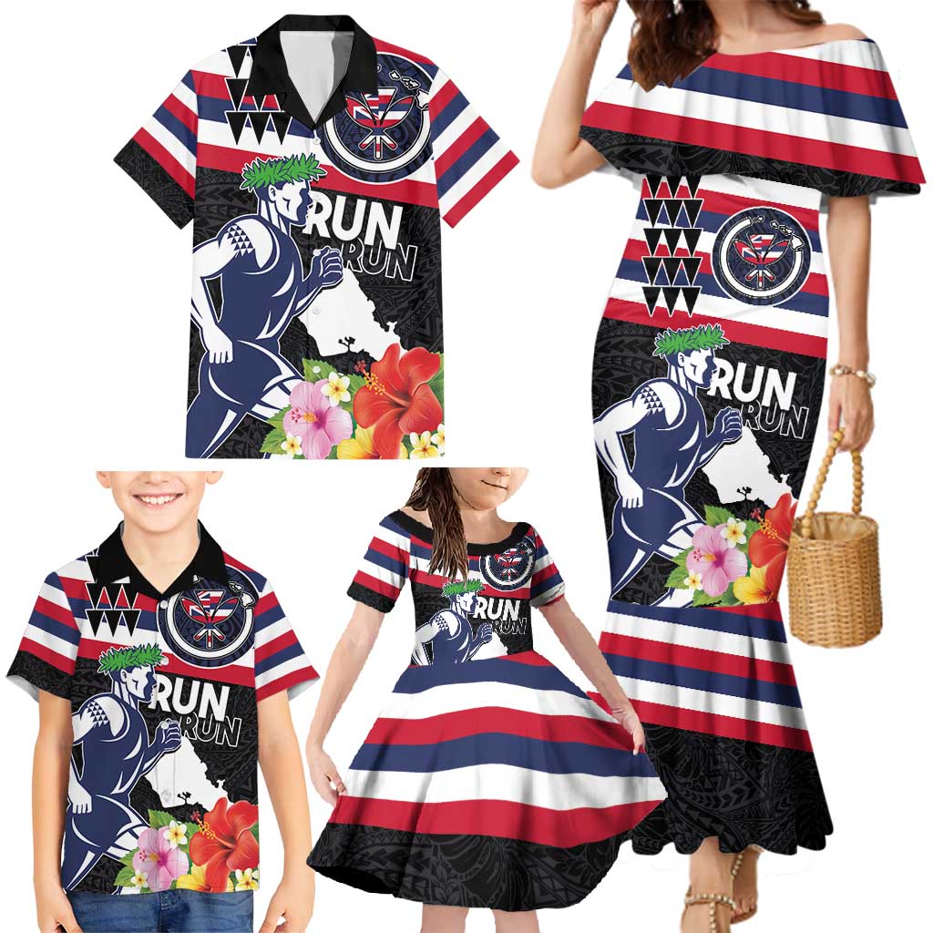 Honolulu Running Race Family Matching Mermaid Dress and Hawaiian Shirt Hawaii Marathon Kakau Art with Hibiscus and National Flag Style