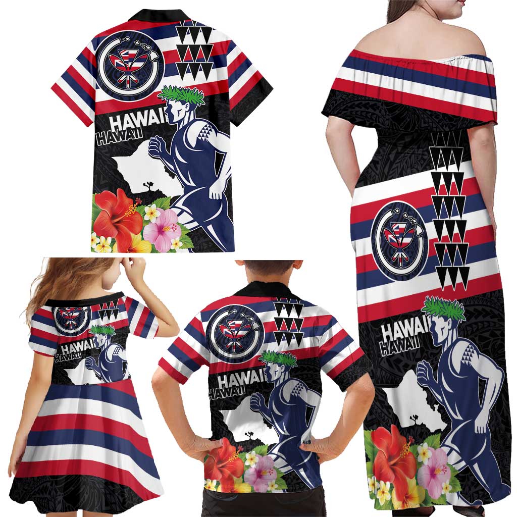 Honolulu Running Race Family Matching Off Shoulder Maxi Dress and Hawaiian Shirt Hawaii Marathon Kakau Art with Hibiscus and National Flag Style