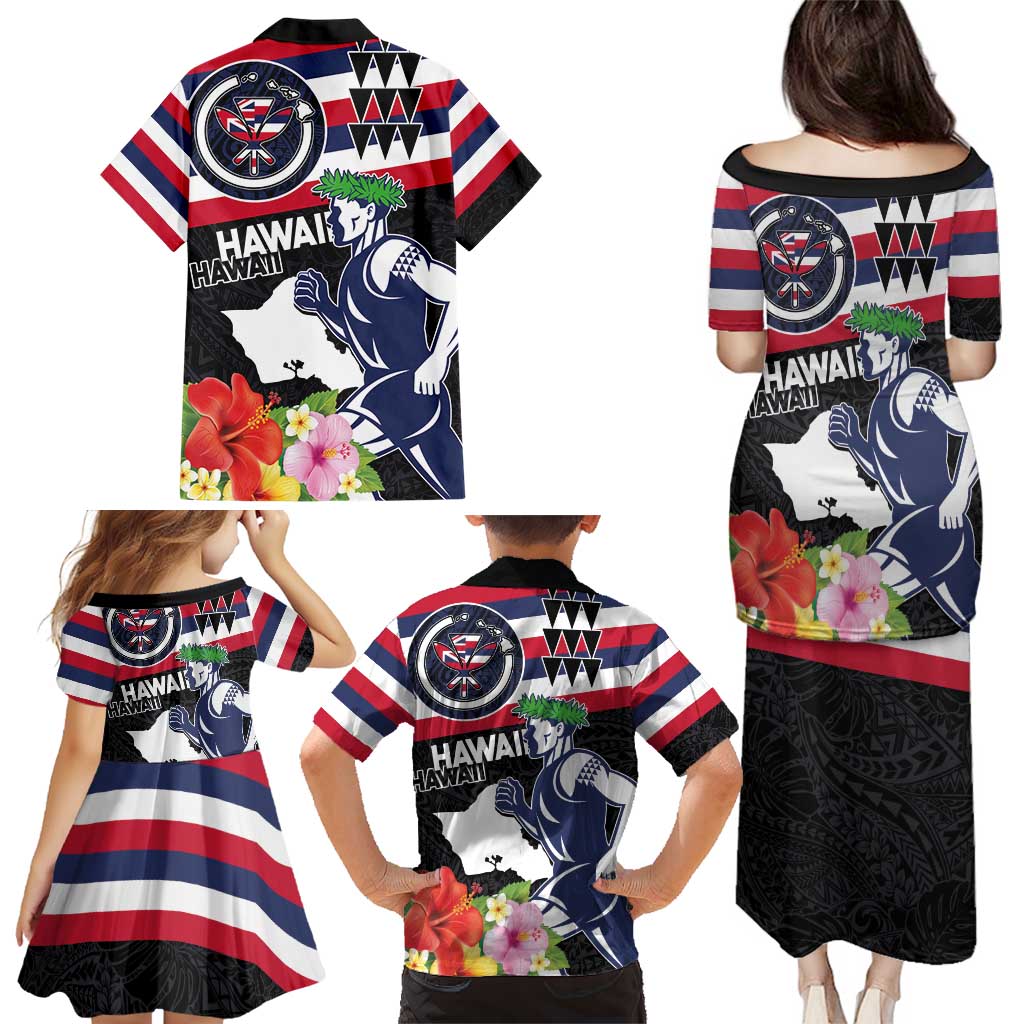 Honolulu Running Race Family Matching Puletasi and Hawaiian Shirt Hawaii Marathon Kakau Art with Hibiscus and National Flag Style