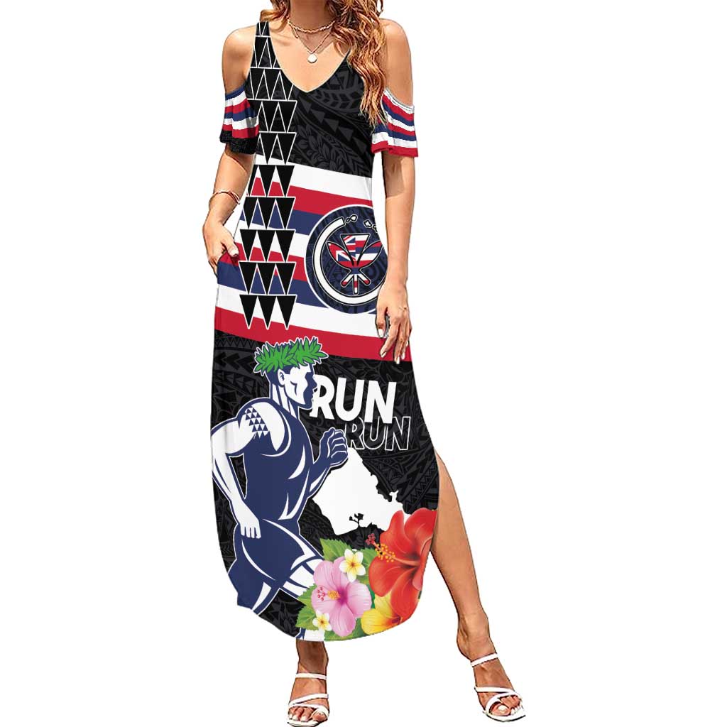 Honolulu Running Race Family Matching Summer Maxi Dress and Hawaiian Shirt Hawaii Marathon Kakau Art with Hibiscus and National Flag Style