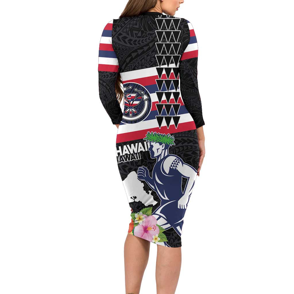 Honolulu Running Race Long Sleeve Bodycon Dress Hawaii Marathon Kakau Art with Hibiscus and National Flag Style