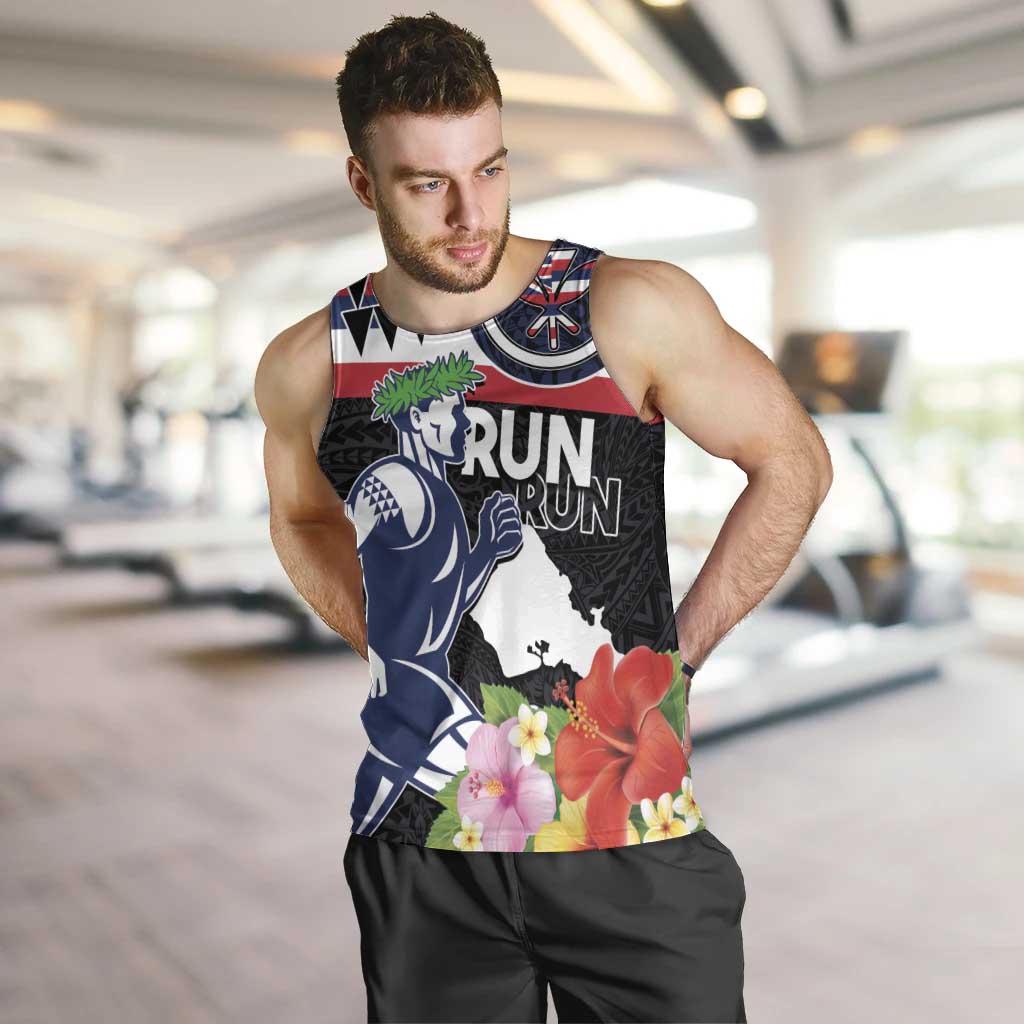 Honolulu Running Race Men Tank Top Hawaii Marathon Kakau Art with Hibiscus and National Flag Style