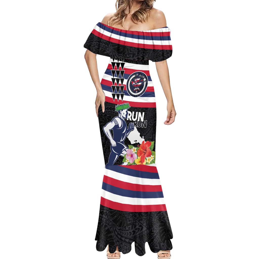 Honolulu Running Race Mermaid Dress Hawaii Marathon Kakau Art with Hibiscus and National Flag Style