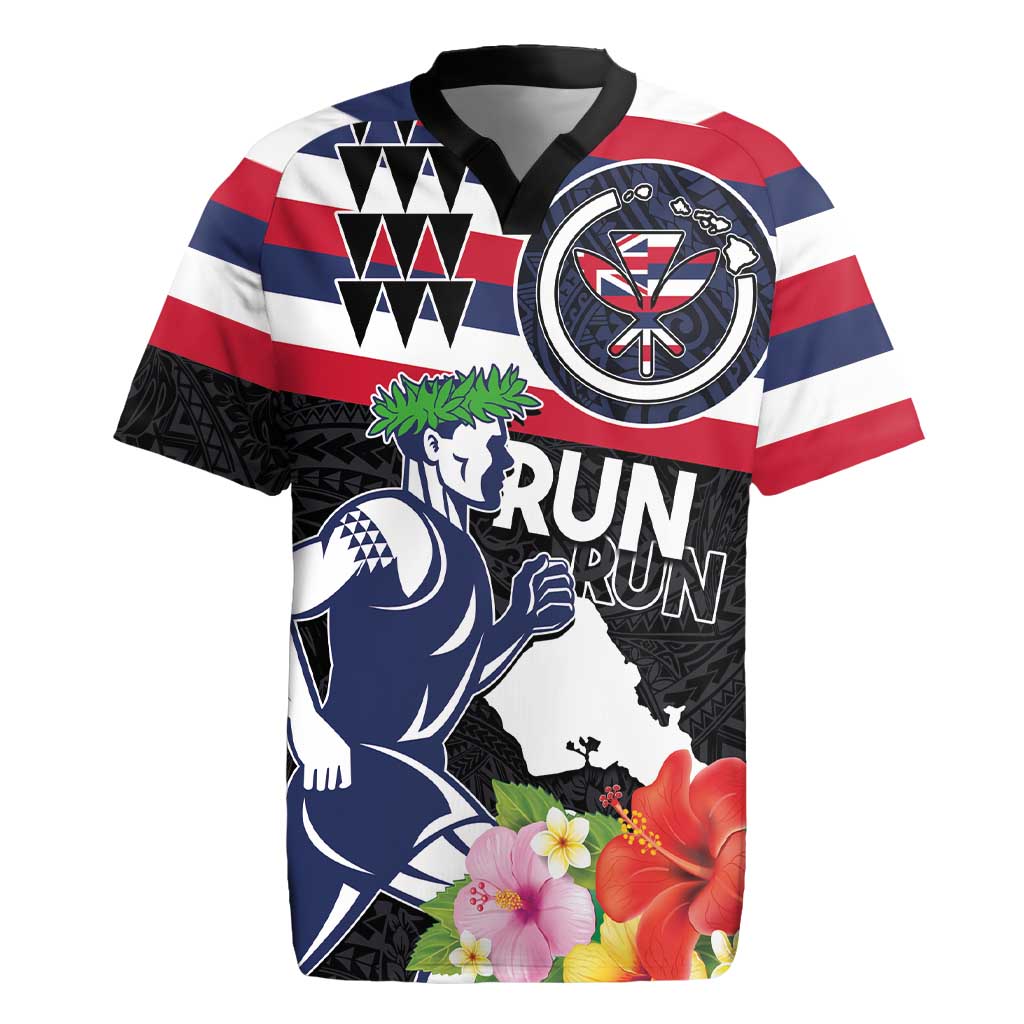 Honolulu Running Race Rugby Jersey Hawaii Marathon Kakau Art with Hibiscus and National Flag Style LT03 Blue and White - Polynesian Pride