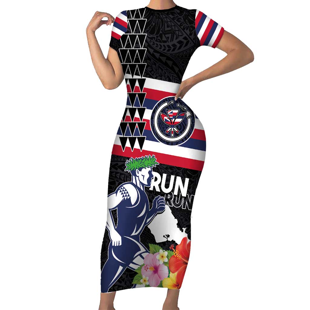 Honolulu Running Race Short Sleeve Bodycon Dress Hawaii Marathon Kakau Art with Hibiscus and National Flag Style