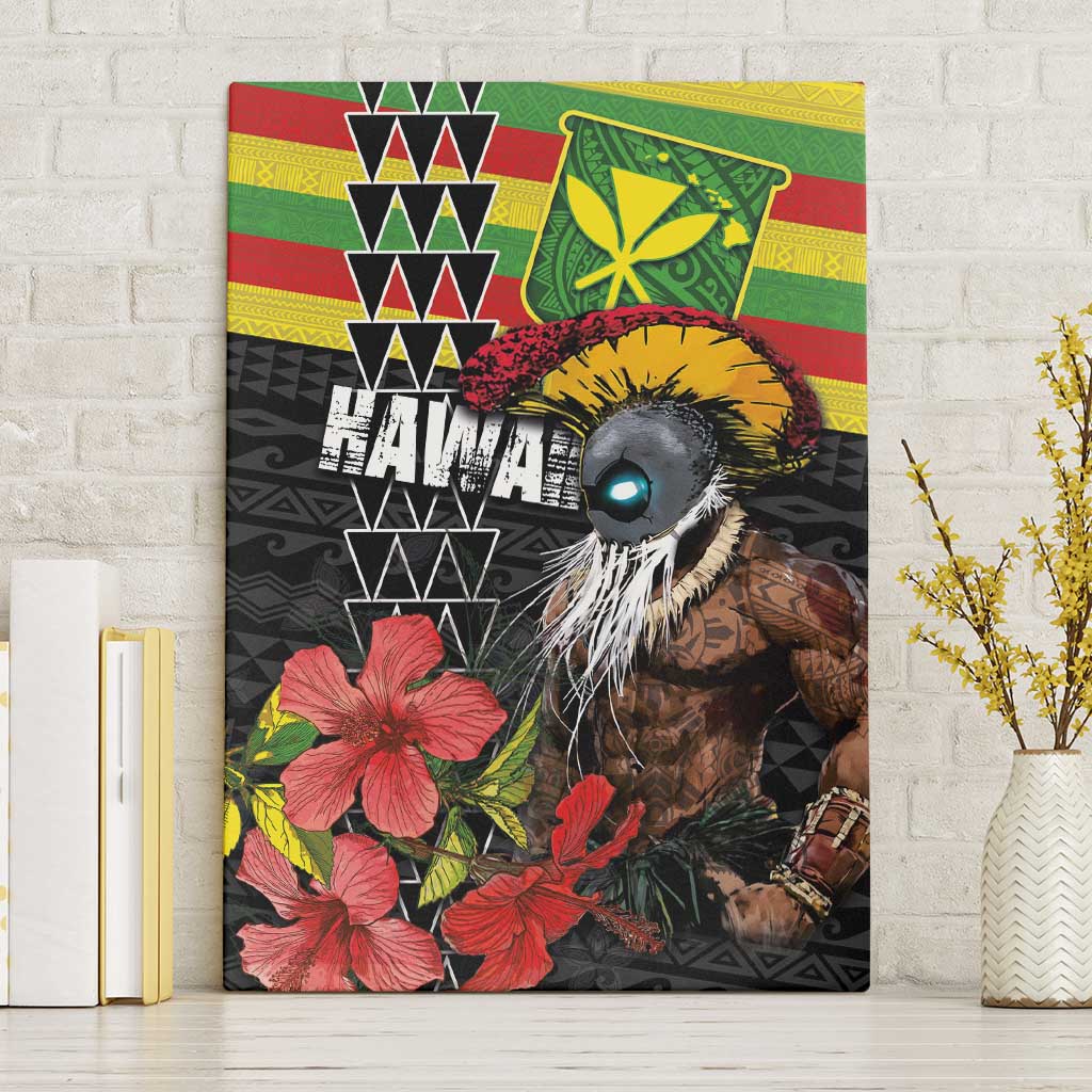 Kanaka Maoli Ikaika Warrior Canvas Wall Art Hibiscus Kakau Art and Tapa Tribal Pattern