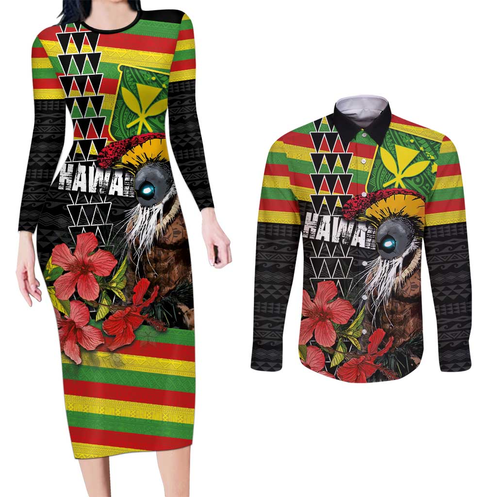 Kanaka Maoli Ikaika Warrior Couples Matching Long Sleeve Bodycon Dress and Long Sleeve Button Shirt Hibiscus Kakau Art and Tapa Tribal Pattern
