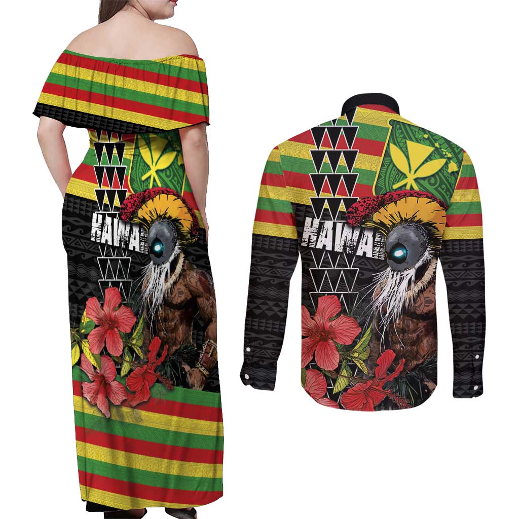 Kanaka Maoli Ikaika Warrior Couples Matching Off Shoulder Maxi Dress and Long Sleeve Button Shirt Hibiscus Kakau Art and Tapa Tribal Pattern