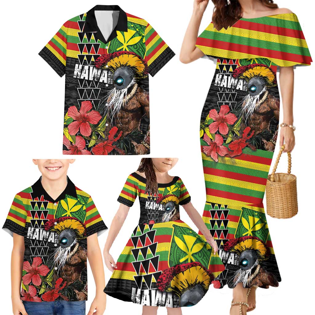Kanaka Maoli Ikaika Warrior Family Matching Mermaid Dress and Hawaiian Shirt Hibiscus Kakau Art and Tapa Tribal Pattern
