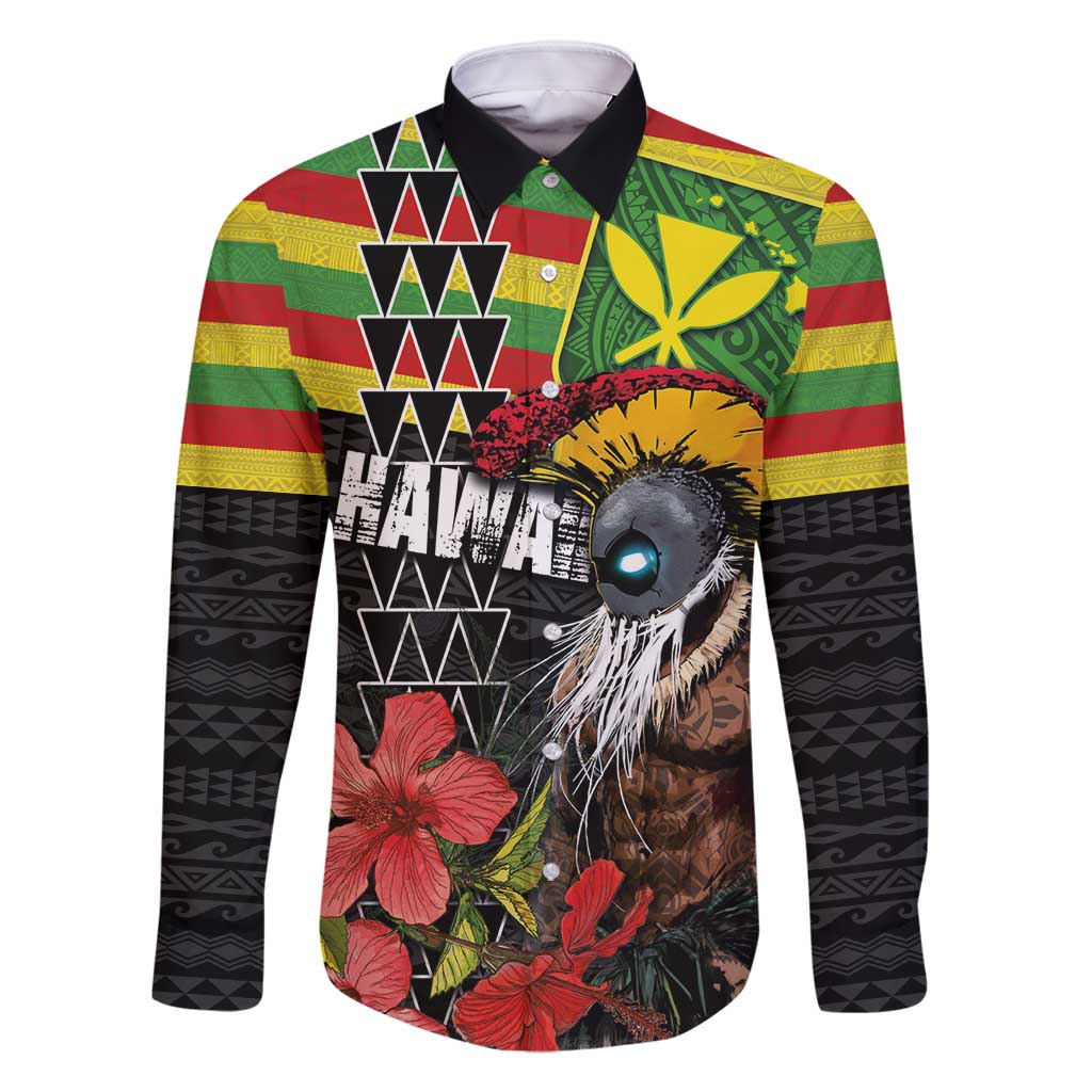 Kanaka Maoli Ikaika Warrior Family Matching Mermaid Dress and Hawaiian Shirt Hibiscus Kakau Art and Tapa Tribal Pattern LT03 Dad's Shirt - Long Sleeve Black - Polynesian Pride