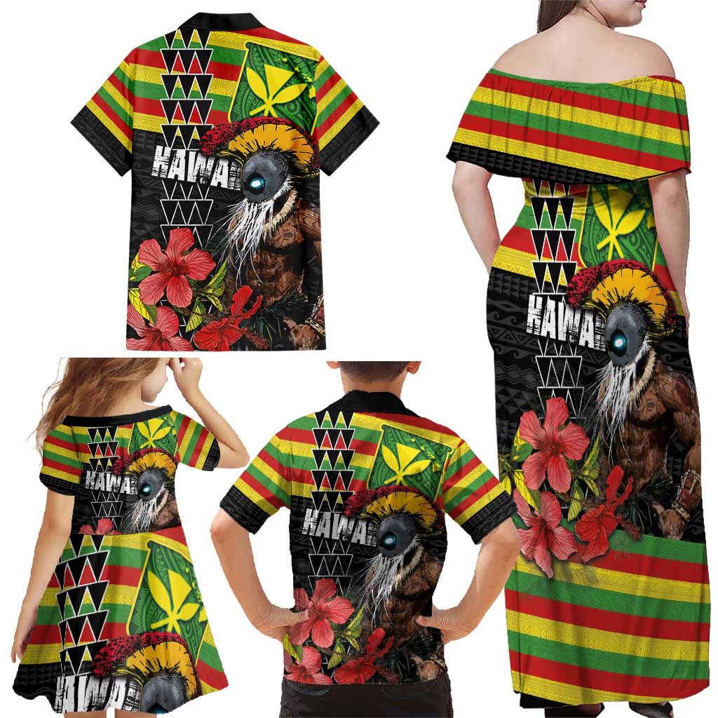 Kanaka Maoli Ikaika Warrior Family Matching Off Shoulder Maxi Dress and Hawaiian Shirt Hibiscus Kakau Art and Tapa Tribal Pattern LT03 - Polynesian Pride
