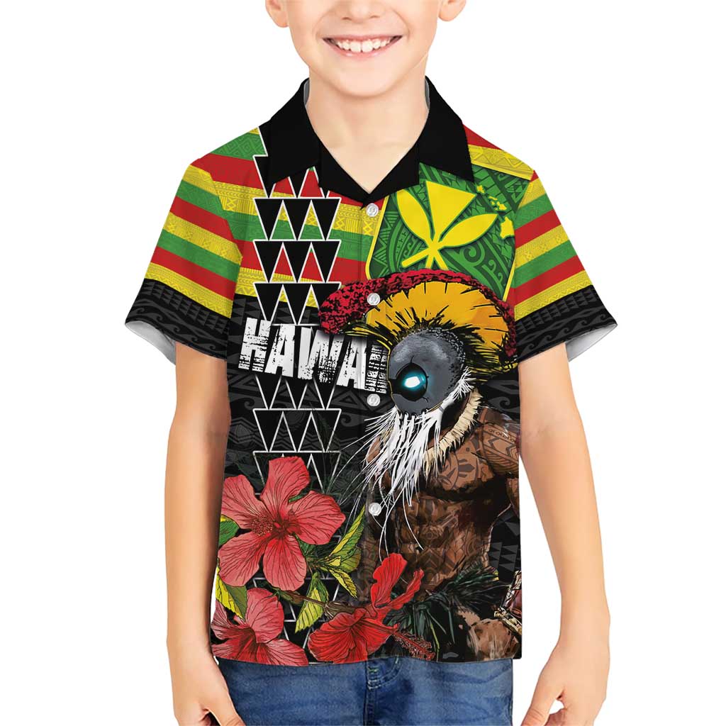 Kanaka Maoli Ikaika Warrior Family Matching Short Sleeve Bodycon Dress and Hawaiian Shirt Hibiscus Kakau Art and Tapa Tribal Pattern LT03 Son's Shirt Black - Polynesian Pride