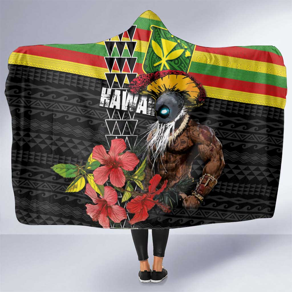 Kanaka Maoli Ikaika Warrior Hooded Blanket Hibiscus Kakau Art and Tapa Tribal Pattern