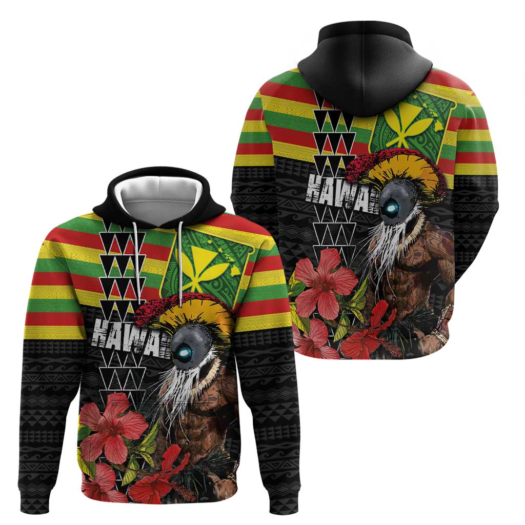 Kanaka Maoli Ikaika Warrior Hoodie Hibiscus Kakau Art and Tapa Tribal Pattern
