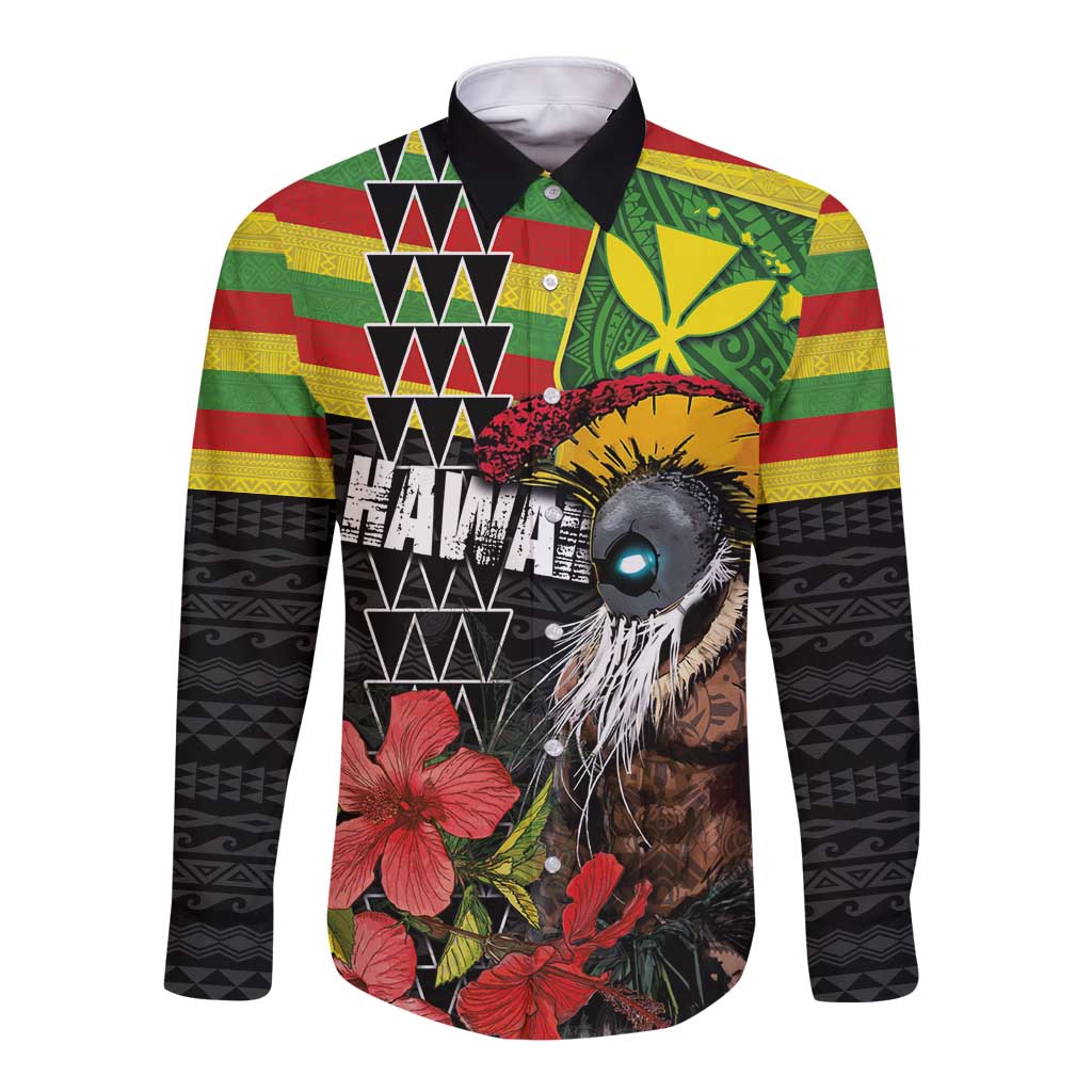 Kanaka Maoli Ikaika Warrior Long Sleeve Button Shirt Hibiscus Kakau Art and Tapa Tribal Pattern LT03 Unisex Black - Polynesian Pride