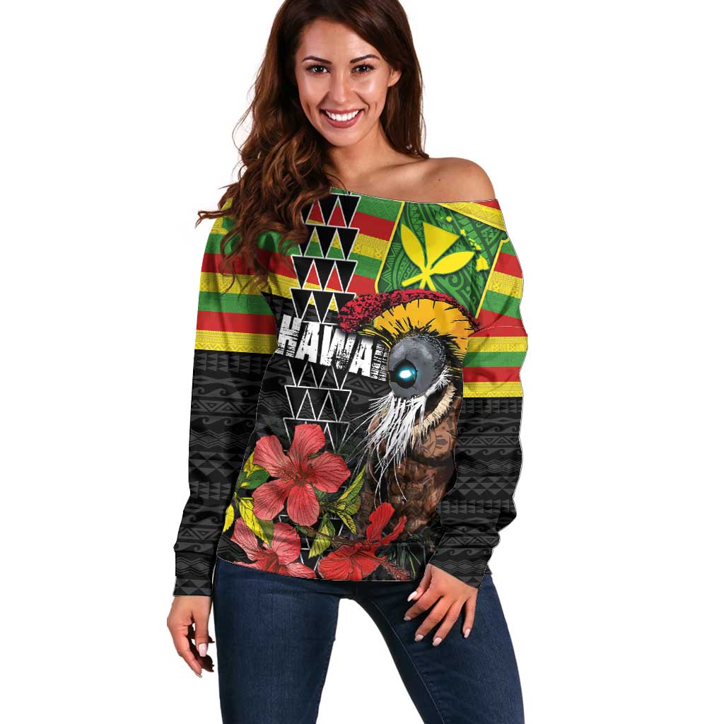 Kanaka Maoli Ikaika Warrior Off Shoulder Sweater Hibiscus Kakau Art and Tapa Tribal Pattern