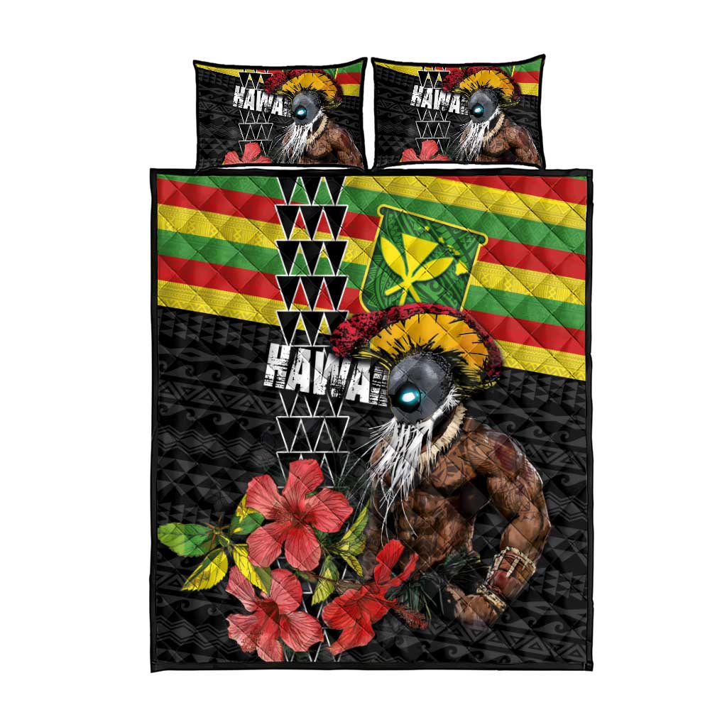 Kanaka Maoli Ikaika Warrior Quilt Bed Set Hibiscus Kakau Art and Tapa Tribal Pattern