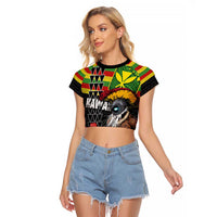 Kanaka Maoli Ikaika Warrior Raglan Cropped T Shirt Hibiscus Kakau Art and Tapa Tribal Pattern LT03 Female Black - Polynesian Pride