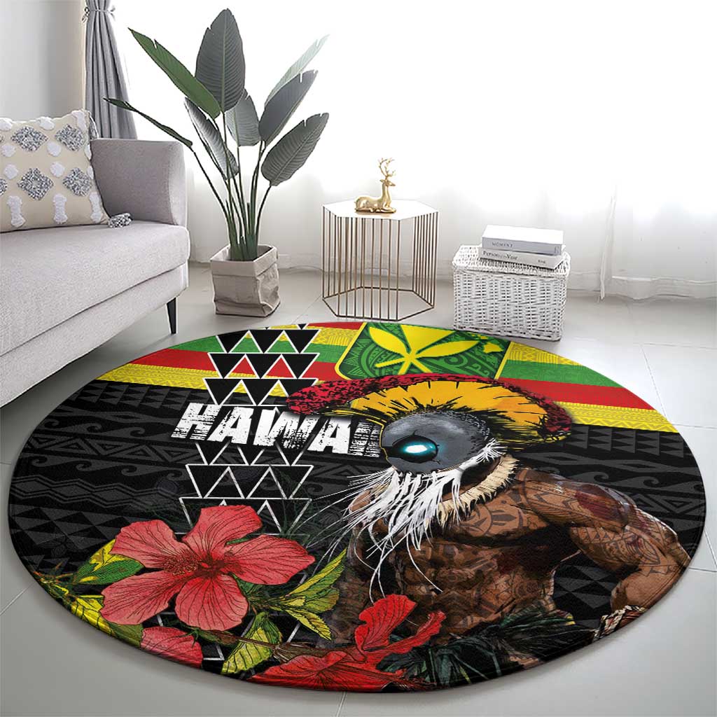 Kanaka Maoli Ikaika Warrior Round Carpet Hibiscus Kakau Art and Tapa Tribal Pattern