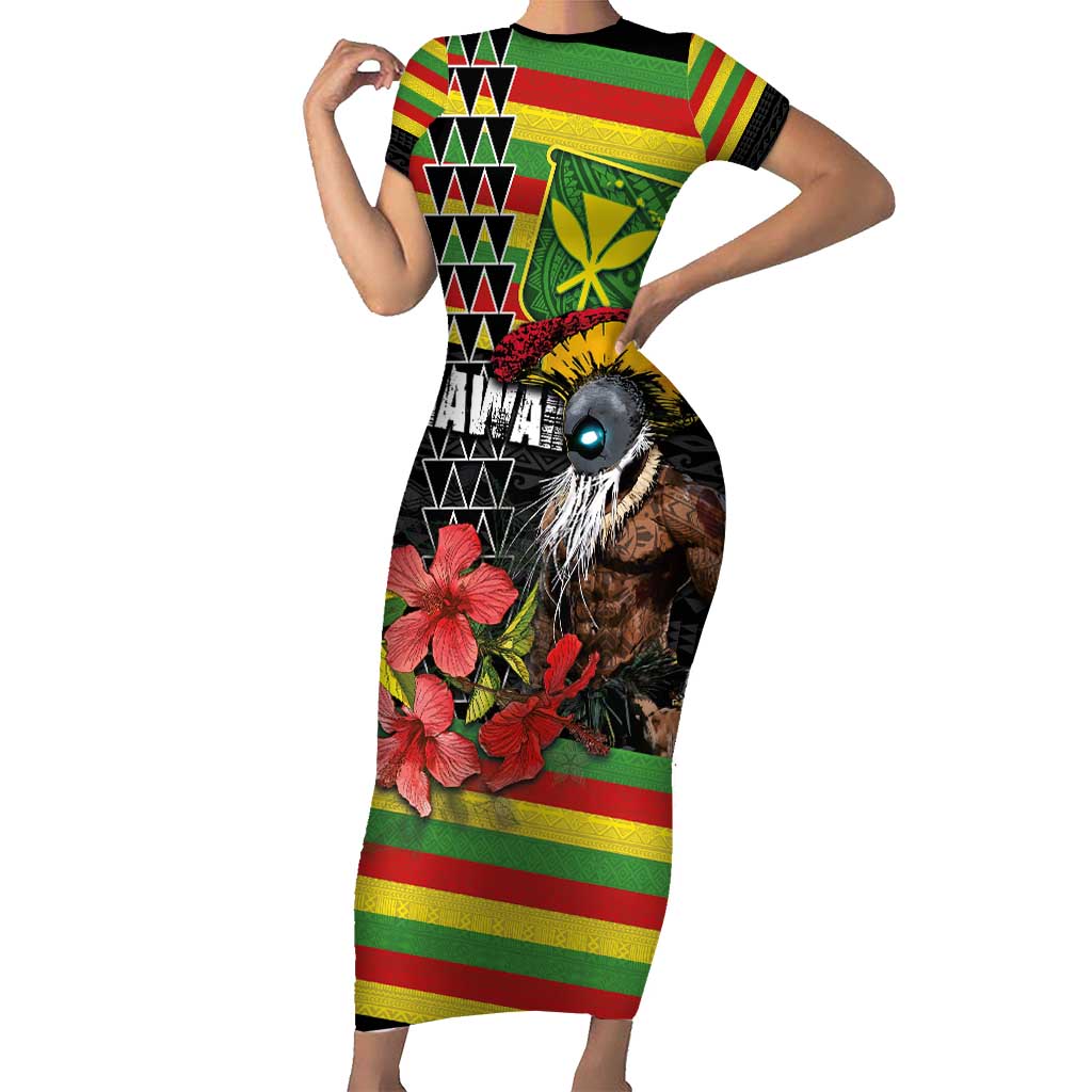 Kanaka Maoli Ikaika Warrior Short Sleeve Bodycon Dress Hibiscus Kakau Art and Tapa Tribal Pattern