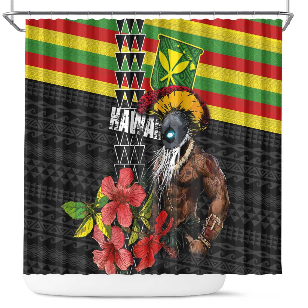 Kanaka Maoli Ikaika Warrior Shower Curtain Hibiscus Kakau Art and Tapa Tribal Pattern LT03 Black - Polynesian Pride