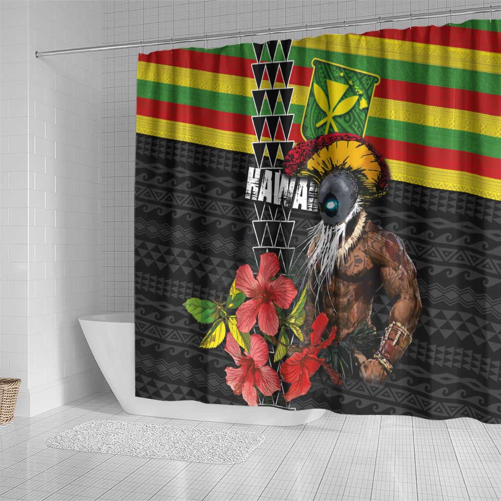 Kanaka Maoli Ikaika Warrior Shower Curtain Hibiscus Kakau Art and Tapa Tribal Pattern LT03 - Polynesian Pride