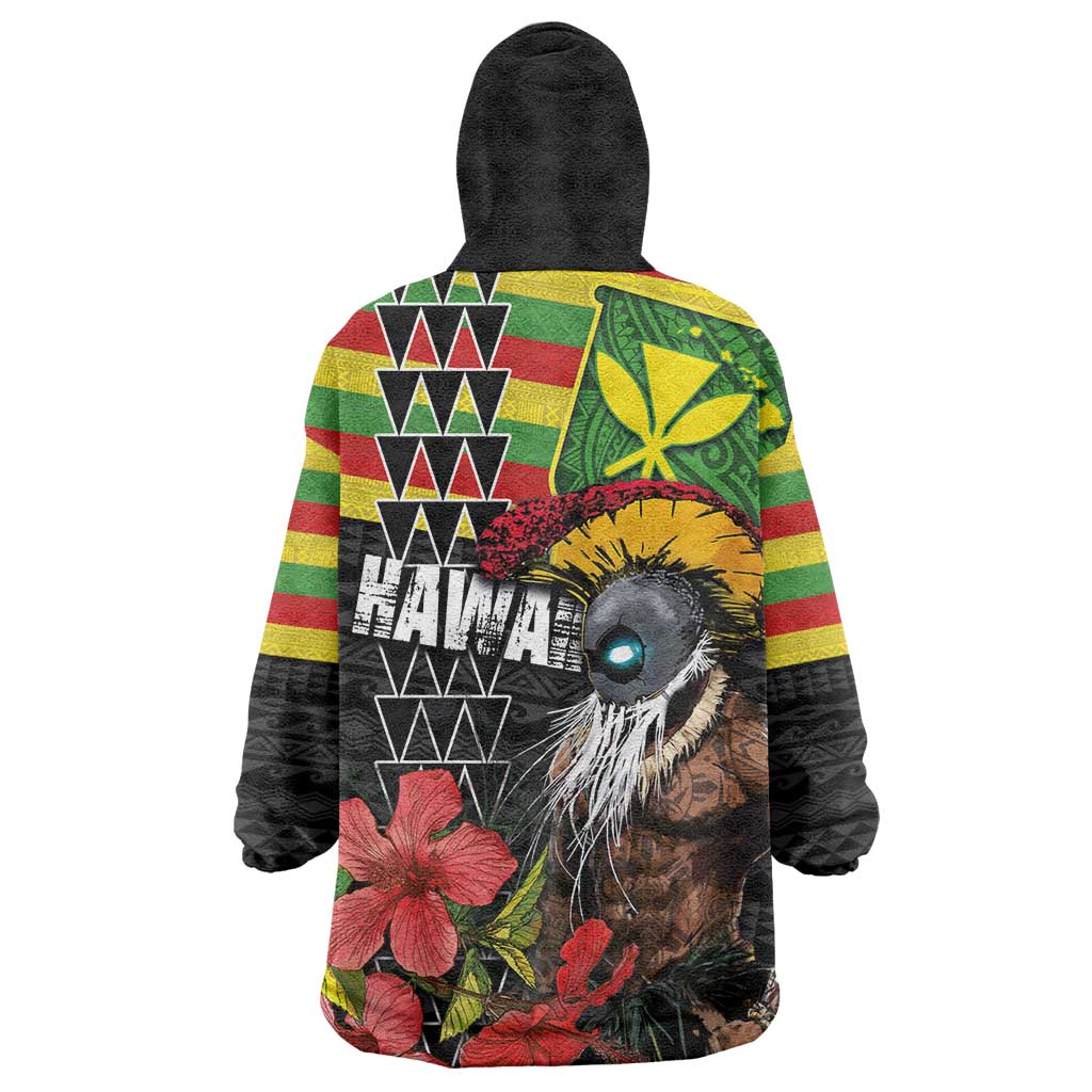 Kanaka Maoli Ikaika Warrior Wearable Blanket Hoodie Hibiscus Kakau Art and Tapa Tribal Pattern
