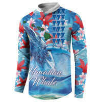 Hawaiian Waves Whale Button Sweatshirt Kakau Art and Tropical Red Hibiscus Flowers