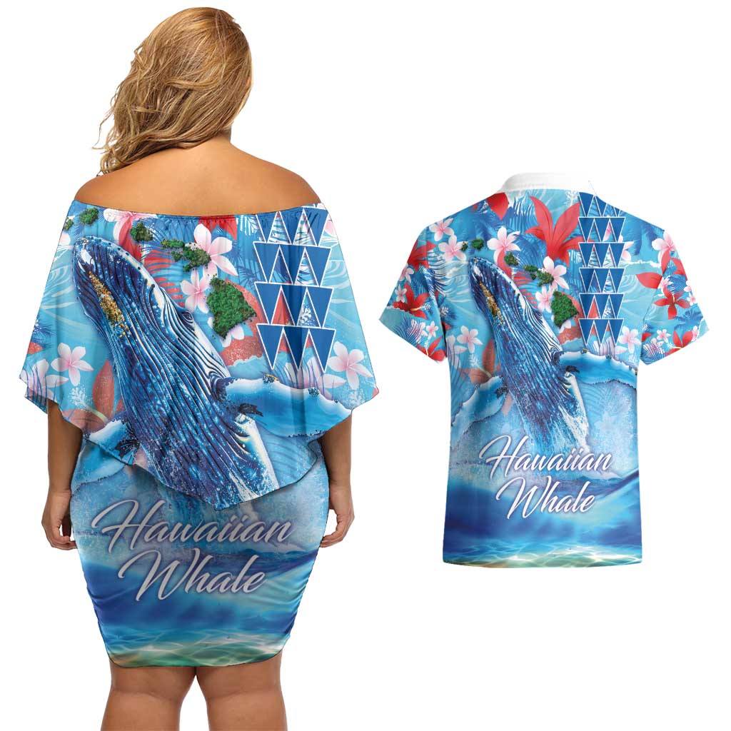 Hawaiian Waves Whale Couples Matching Off Shoulder Short Dress and Hawaiian Shirt Kakau Art and Tropical Red Hibiscus Flowers