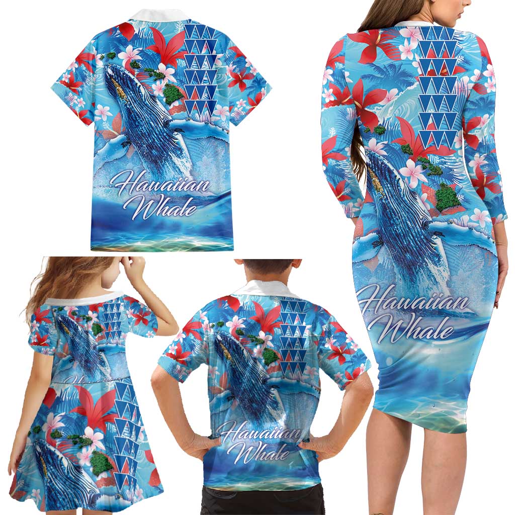 Hawaiian Waves Whale Family Matching Long Sleeve Bodycon Dress and Hawaiian Shirt Kakau Art and Tropical Red Hibiscus Flowers