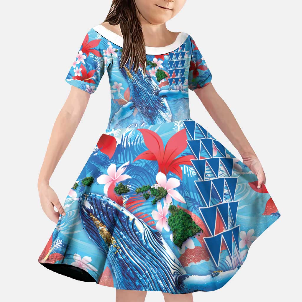 Hawaiian Waves Whale Family Matching Mermaid Dress and Hawaiian Shirt Kakau Art and Tropical Red Hibiscus Flowers