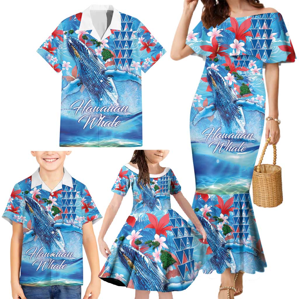 Hawaiian Waves Whale Family Matching Mermaid Dress and Hawaiian Shirt Kakau Art and Tropical Red Hibiscus Flowers