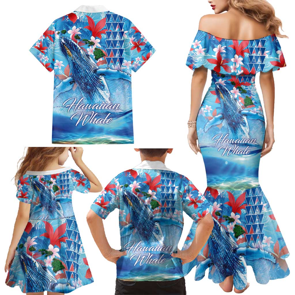 Hawaiian Waves Whale Family Matching Mermaid Dress and Hawaiian Shirt Kakau Art and Tropical Red Hibiscus Flowers