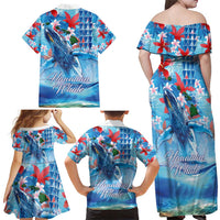 Hawaiian Waves Whale Family Matching Off Shoulder Maxi Dress and Hawaiian Shirt Kakau Art and Tropical Red Hibiscus Flowers