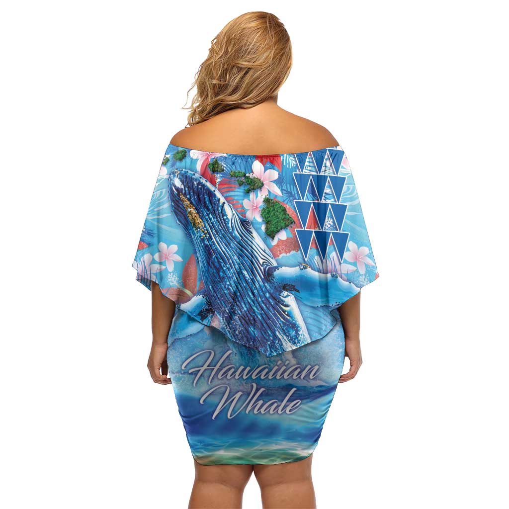 Hawaiian Waves Whale Family Matching Off Shoulder Short Dress and Hawaiian Shirt Kakau Art and Tropical Red Hibiscus Flowers