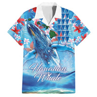 Hawaiian Waves Whale Family Matching Puletasi and Hawaiian Shirt Kakau Art and Tropical Red Hibiscus Flowers