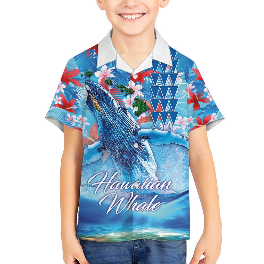 Hawaiian Waves Whale Kid Hawaiian Shirt Kakau Art and Tropical Red Hibiscus Flowers