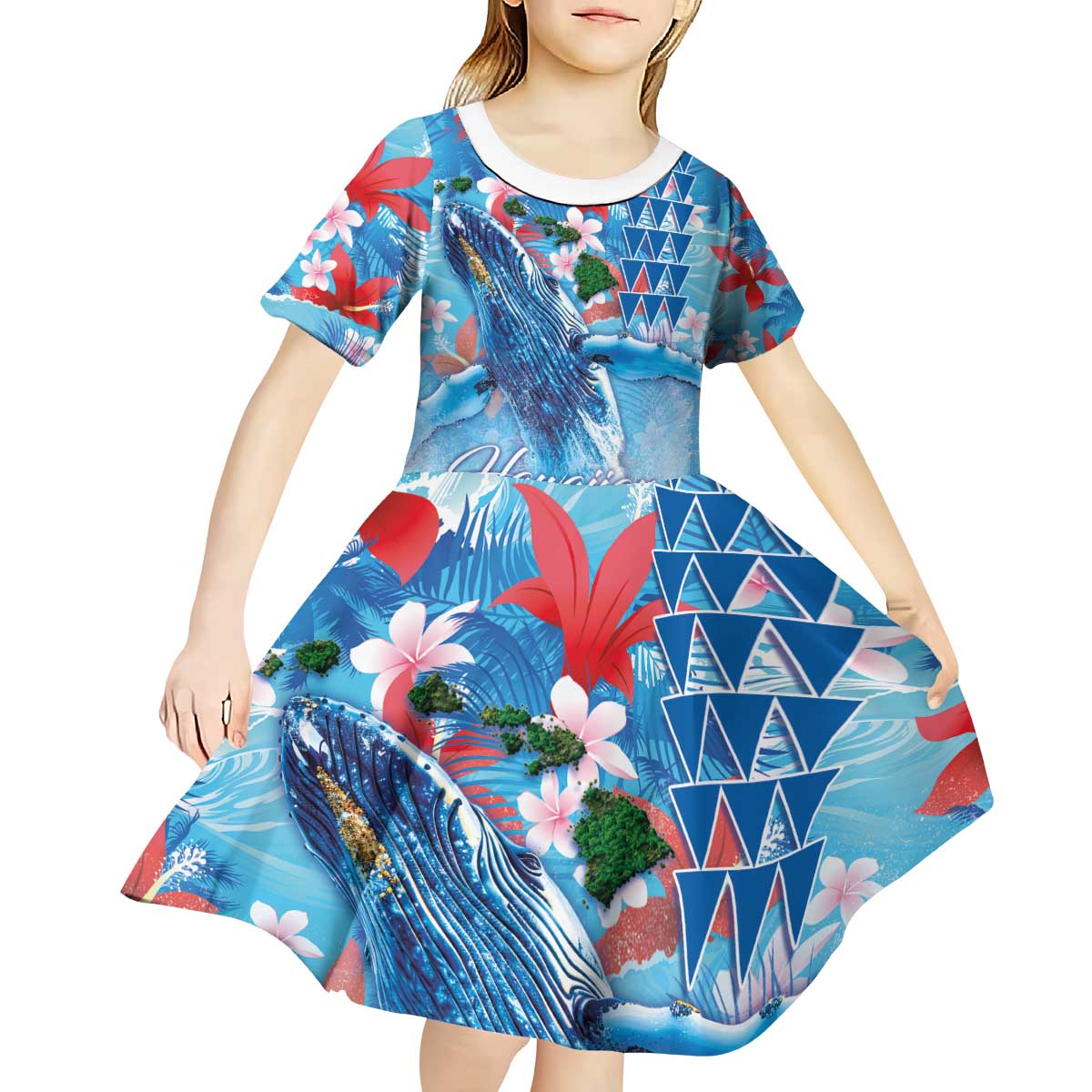 Hawaiian Waves Whale Kid Short Sleeve Dress Kakau Art and Tropical Red Hibiscus Flowers