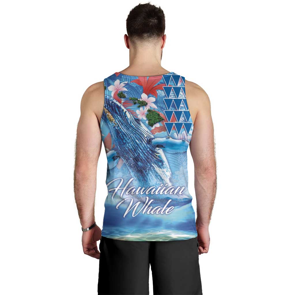 Hawaiian Waves Whale Men Tank Top Kakau Art and Tropical Red Hibiscus Flowers