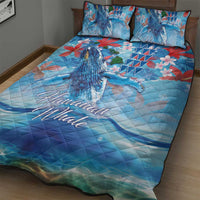 Hawaiian Waves Whale Quilt Bed Set Kakau Art and Tropical Red Hibiscus Flowers