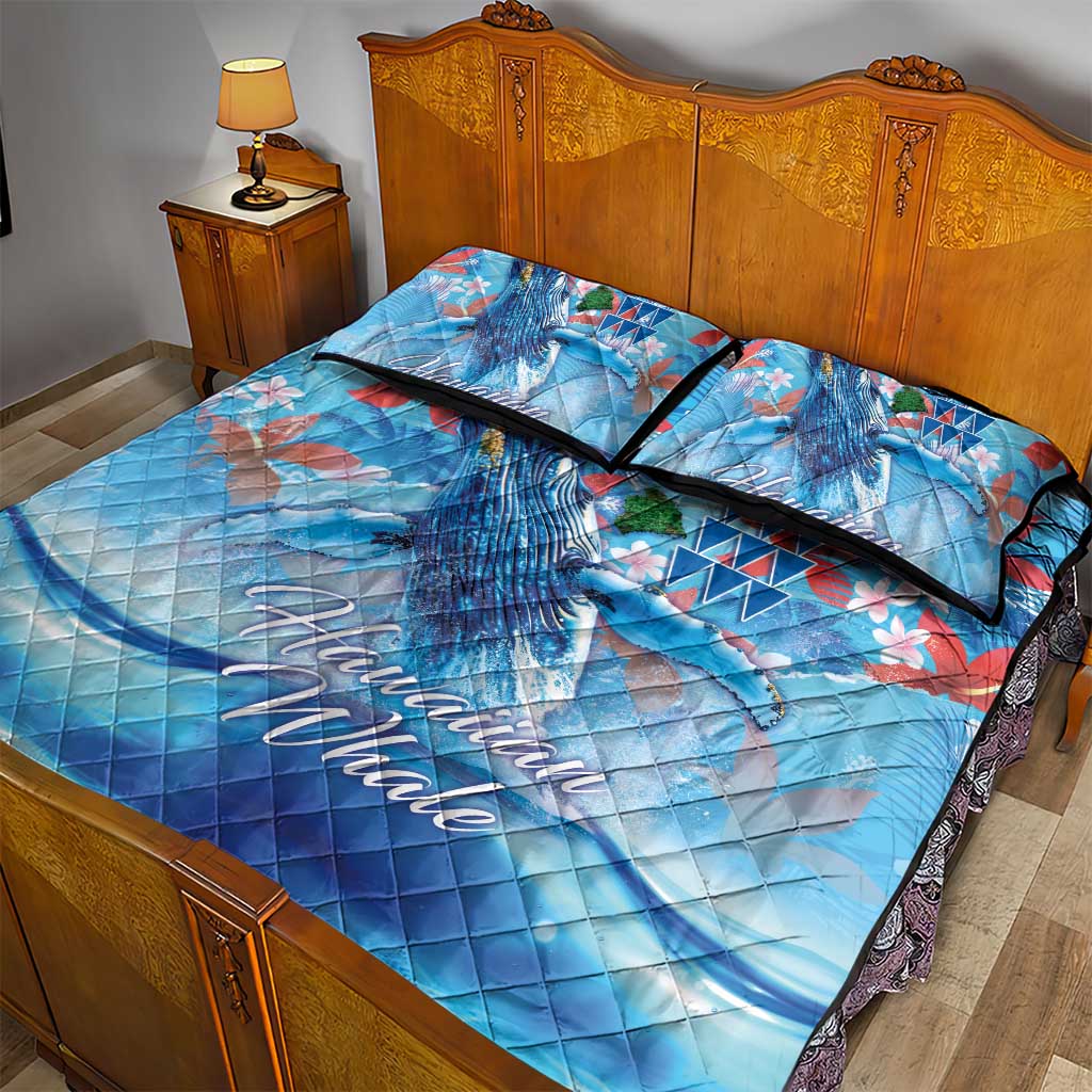 Hawaiian Waves Whale Quilt Bed Set Kakau Art and Tropical Red Hibiscus Flowers