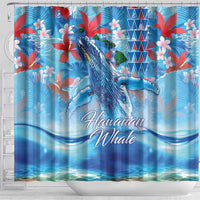 Hawaiian Waves Whale Shower Curtain Kakau Art and Tropical Red Hibiscus Flowers