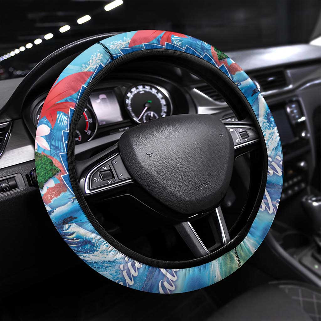 Hawaiian Waves Whale Steering Wheel Cover Kakau Art and Tropical Red Hibiscus Flowers