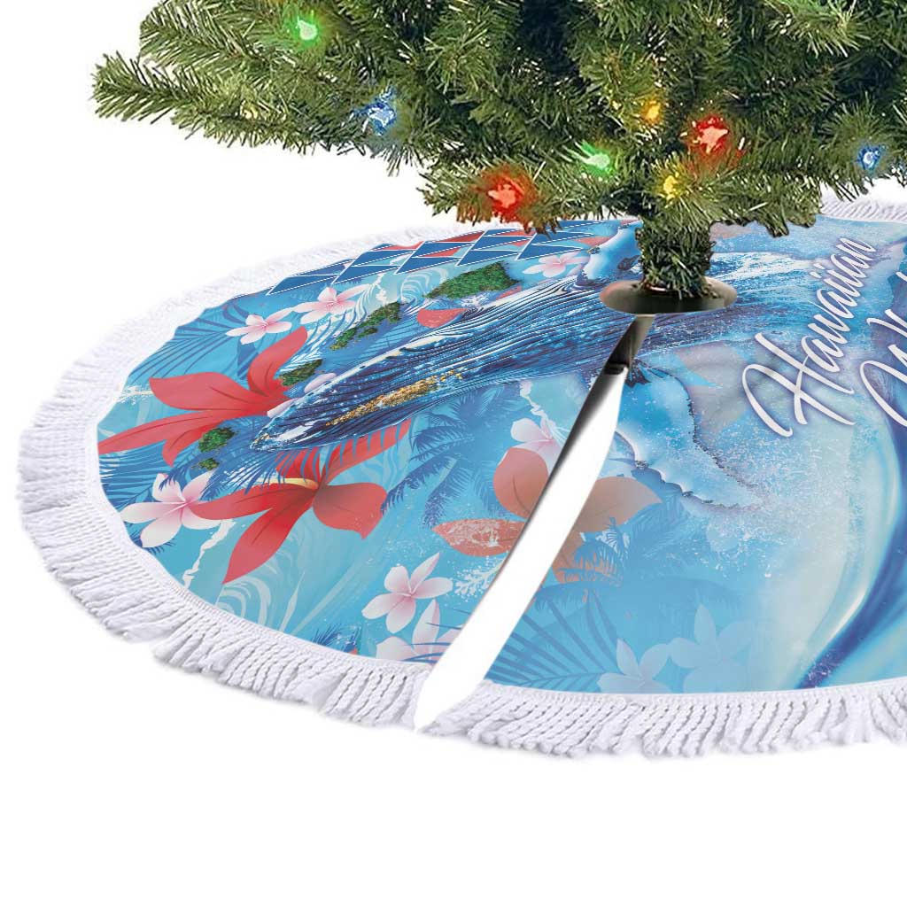 Hawaiian Waves Whale Tree Skirt Kakau Art and Tropical Red Hibiscus Flowers