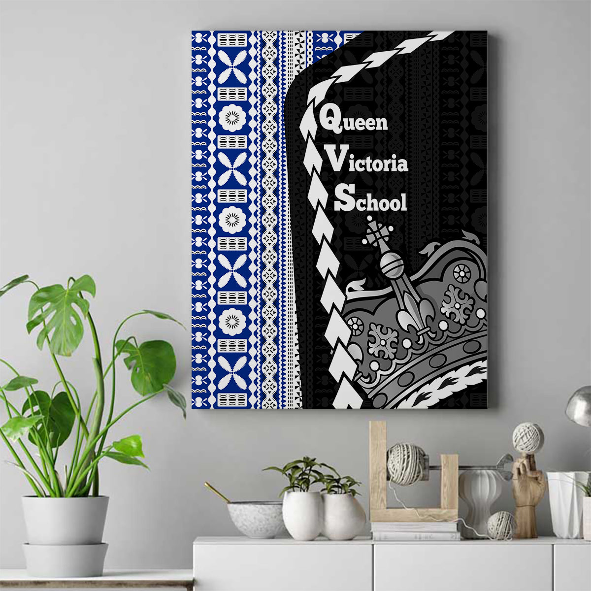 Fiji Queen Victoria School Canvas Wall Art Tapa and Polynesian Tribal Pattern Half Style LT03 Black - Polynesian Pride