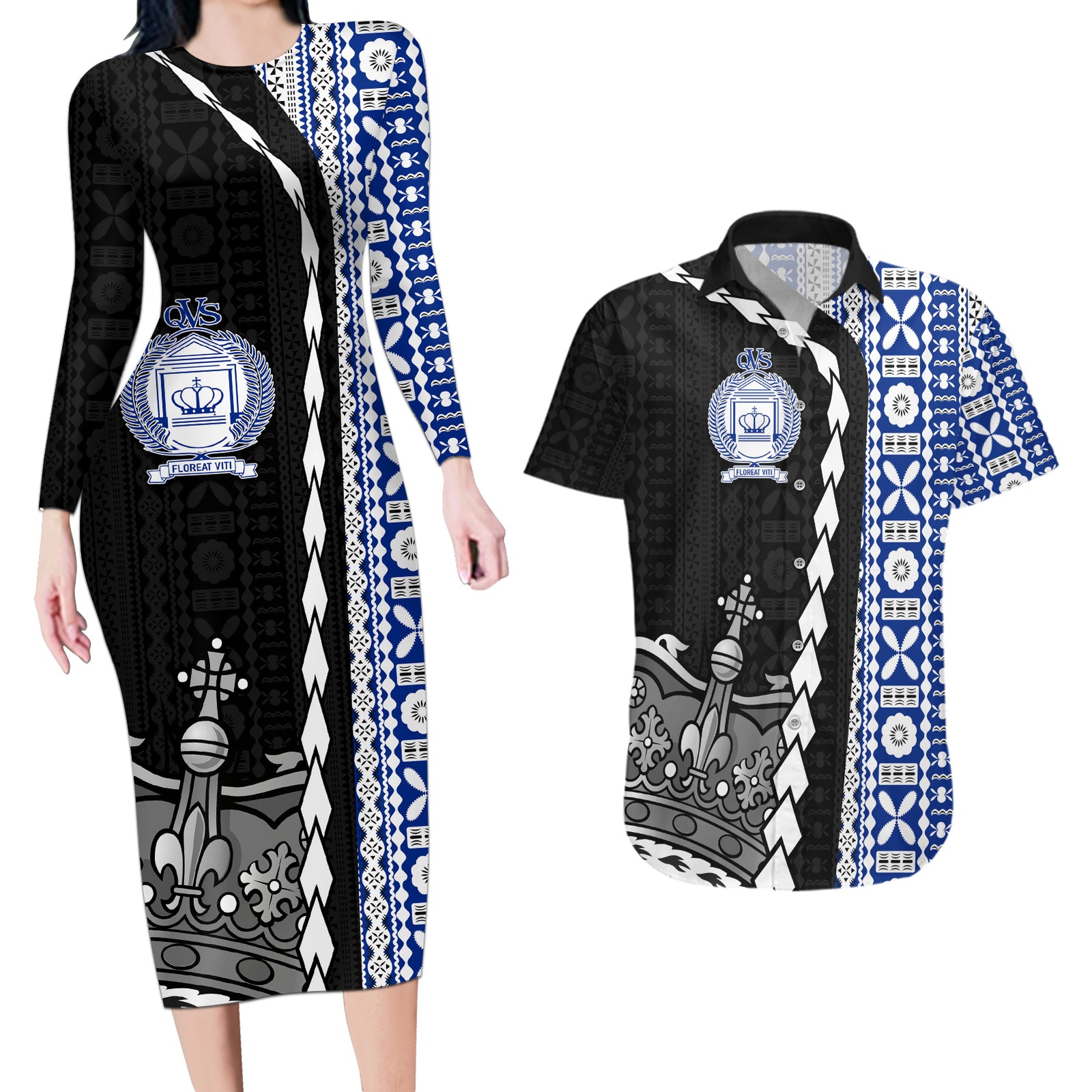 Fiji Queen Victoria School Couples Matching Long Sleeve Bodycon Dress and Hawaiian Shirt Tapa and Polynesian Tribal Pattern Half Style LT03 Black - Polynesian Pride