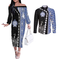 Fiji Queen Victoria School Couples Matching Off The Shoulder Long Sleeve Dress and Long Sleeve Button Shirt Tapa and Polynesian Tribal Pattern Half Style LT03 Black - Polynesian Pride