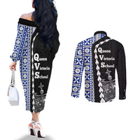 Fiji Queen Victoria School Couples Matching Off The Shoulder Long Sleeve Dress and Long Sleeve Button Shirt Tapa and Polynesian Tribal Pattern Half Style LT03 - Polynesian Pride