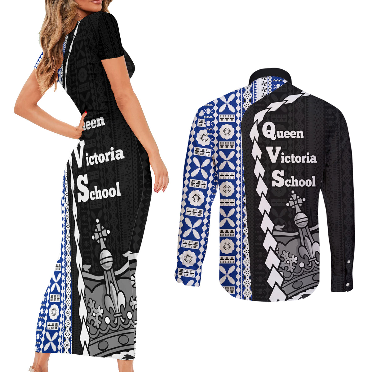 Fiji Queen Victoria School Couples Matching Short Sleeve Bodycon Dress and Long Sleeve Button Shirt Tapa and Polynesian Tribal Pattern Half Style LT03 - Polynesian Pride